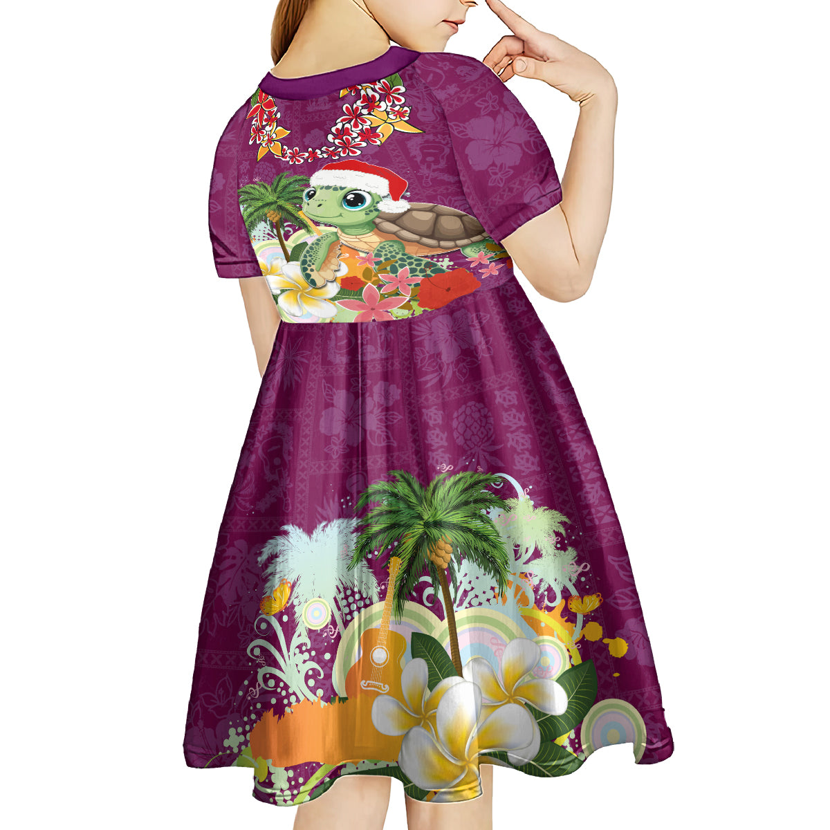 Hawaii Honu Mele Kalikimaka Kid Short Sleeve Dress Santa Tropical Flower Aloha Summer Pink Version LT03 - Polynesian Pride