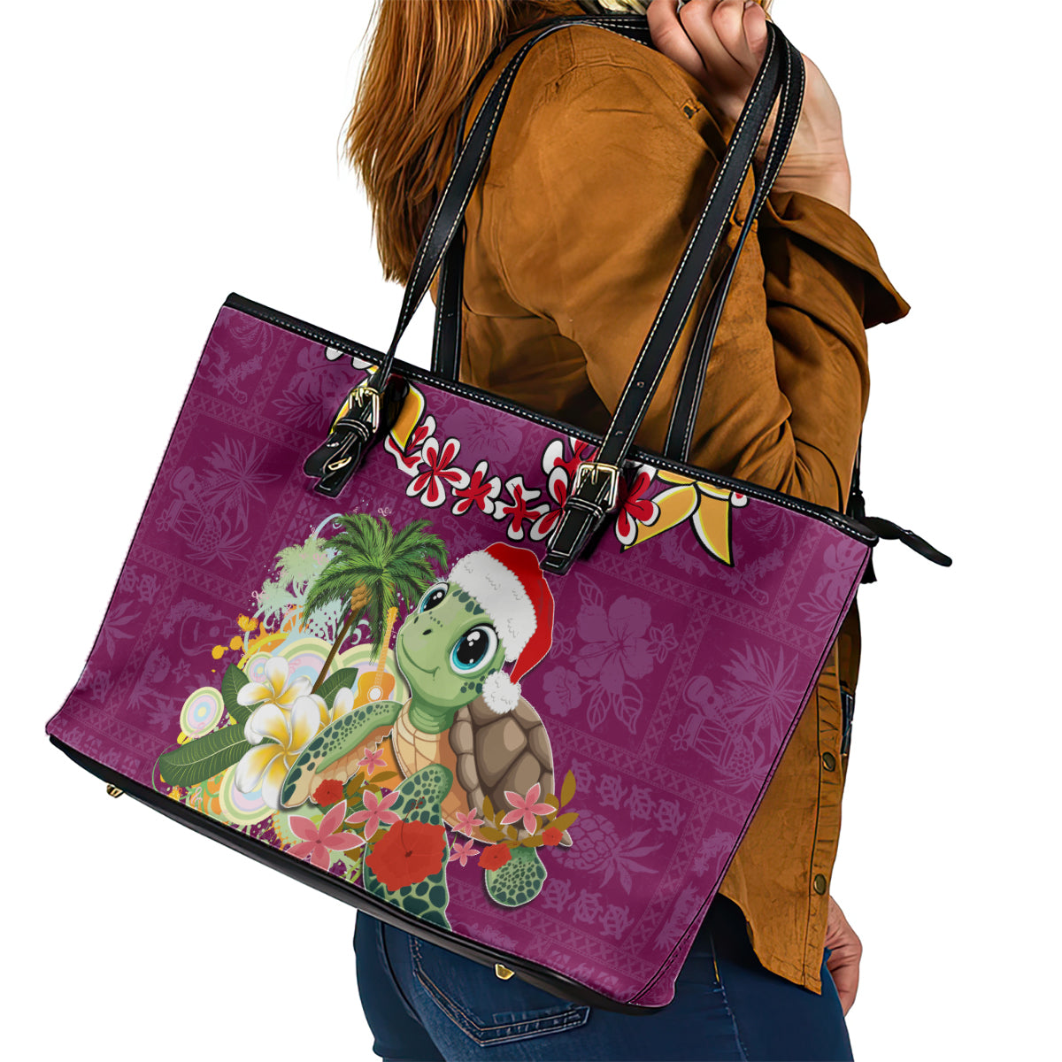 Hawaii Honu Mele Kalikimaka Leather Tote Bag Santa Tropical Flower Aloha Summer Pink Version LT03 - Polynesian Pride