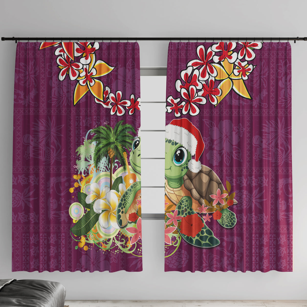 Hawaii Honu Mele Kalikimaka Window Curtain Santa Tropical Flower Aloha Summer Pink Version LT03 With Hooks Pink - Polynesian Pride