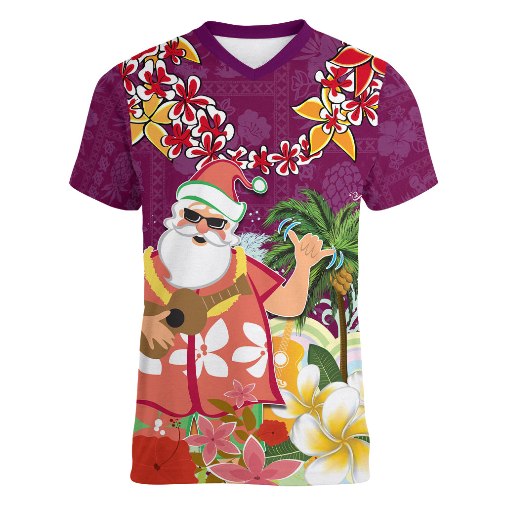 Hawaii Honu Mele Kalikimaka Women V Neck T Shirt Santa Tropical Flower Aloha Summer Pink Version LT03 Female Pink - Polynesian Pride