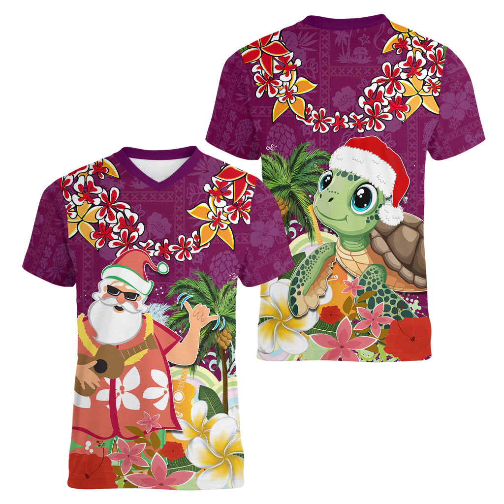 Hawaii Honu Mele Kalikimaka Women V Neck T Shirt Santa Tropical Flower Aloha Summer Pink Version LT03 - Polynesian Pride
