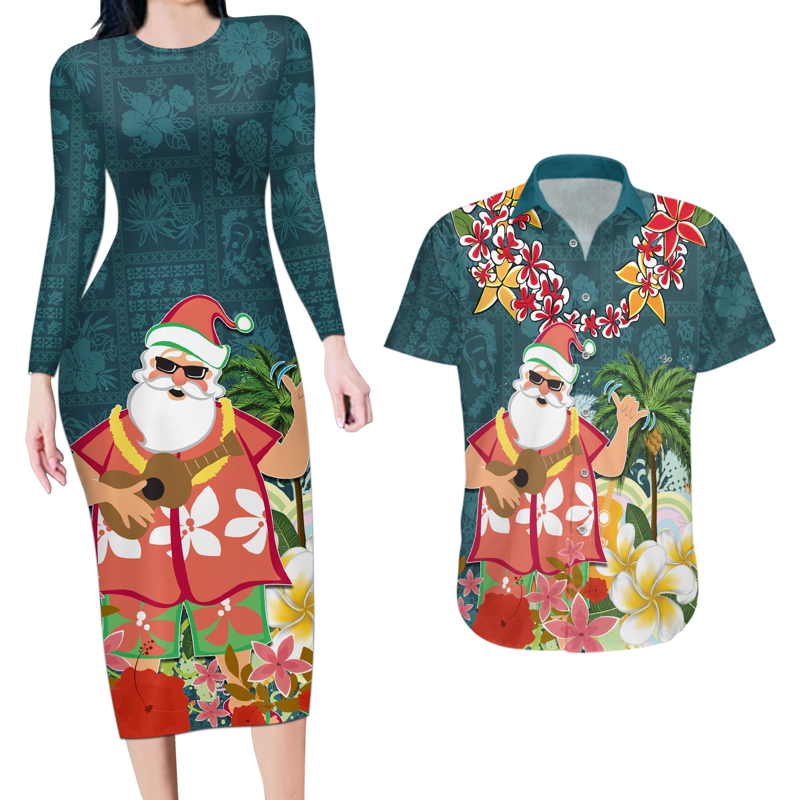 Hawaii Honu Mele Kalikimaka Couples Matching Long Sleeve Bodycon Dress and Hawaiian Shirt Santa Tropical Flower Aloha Summer Turquoise Version LT03 Turquoise - Polynesian Pride