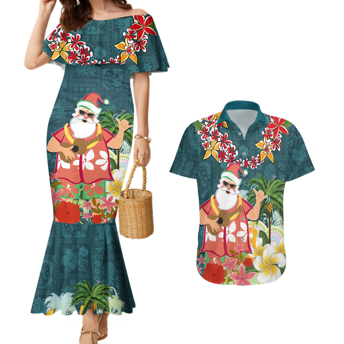 Hawaii Honu Mele Kalikimaka Couples Matching Mermaid Dress and Hawaiian Shirt Santa Tropical Flower Aloha Summer Turquoise Version LT03 Turquoise - Polynesian Pride