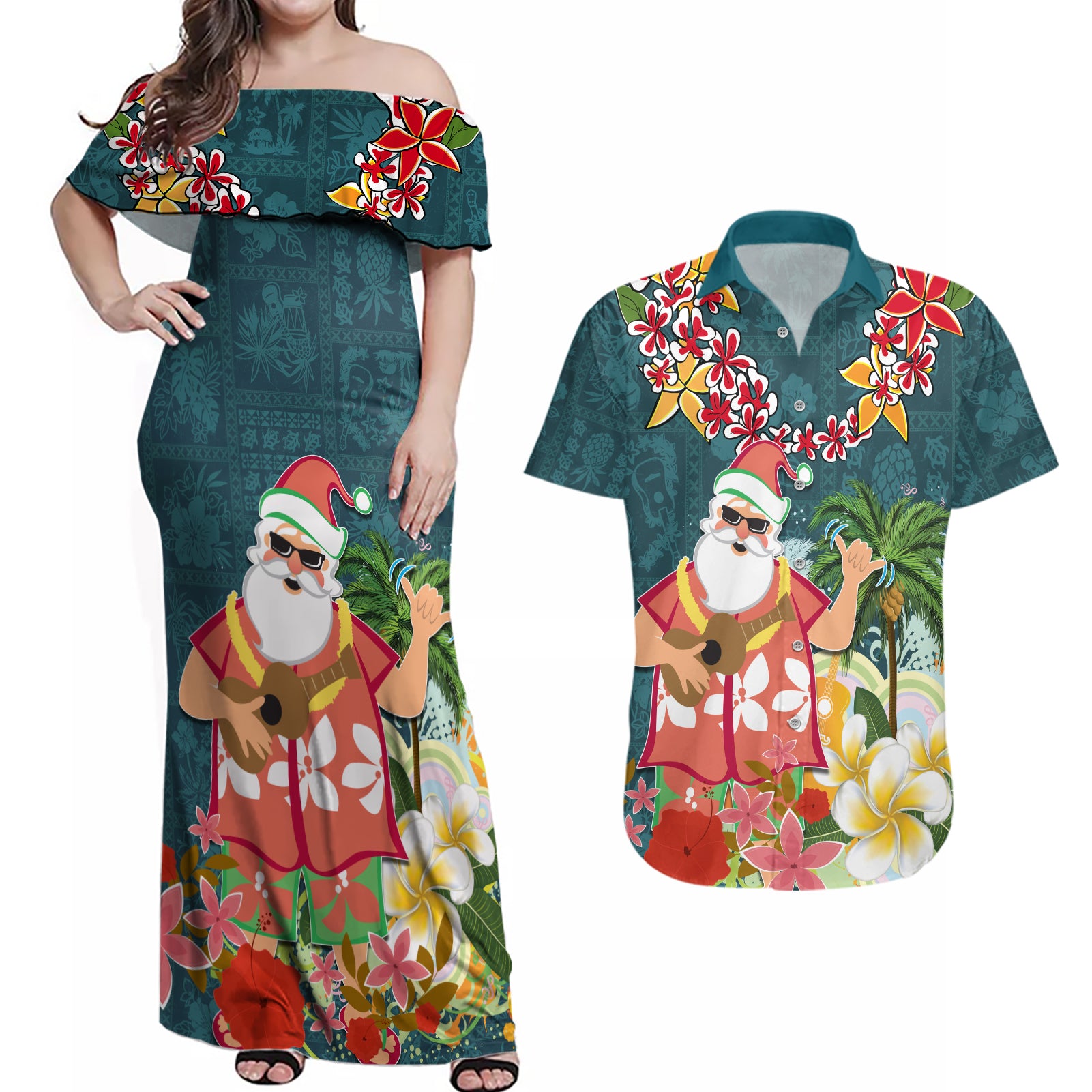 Hawaii Honu Mele Kalikimaka Couples Matching Off Shoulder Maxi Dress and Hawaiian Shirt Santa Tropical Flower Aloha Summer Turquoise Version LT03 Turquoise - Polynesian Pride