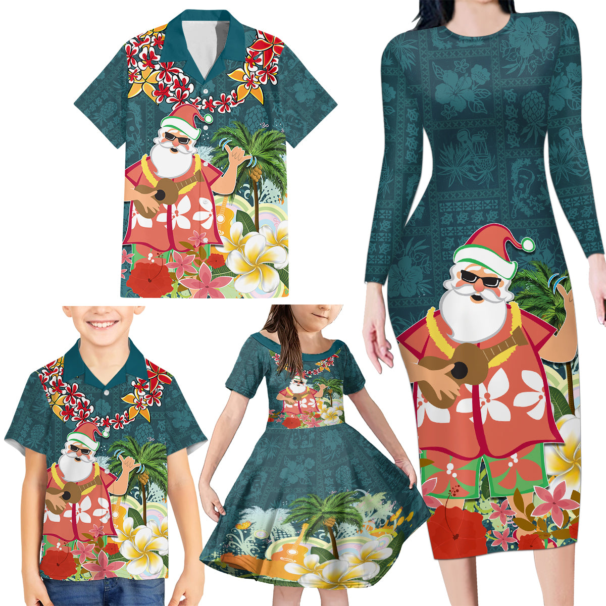 Hawaii Honu Mele Kalikimaka Family Matching Long Sleeve Bodycon Dress and Hawaiian Shirt Santa Tropical Flower Aloha Summer Turquoise Version LT03 - Polynesian Pride