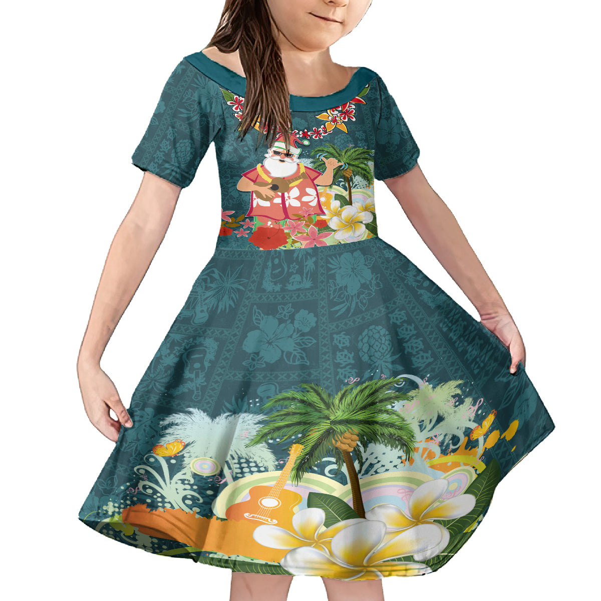 Hawaii Honu Mele Kalikimaka Family Matching Off Shoulder Long Sleeve Dress and Hawaiian Shirt Santa Tropical Flower Aloha Summer Turquoise Version LT03 Daughter's Dress Turquoise - Polynesian Pride
