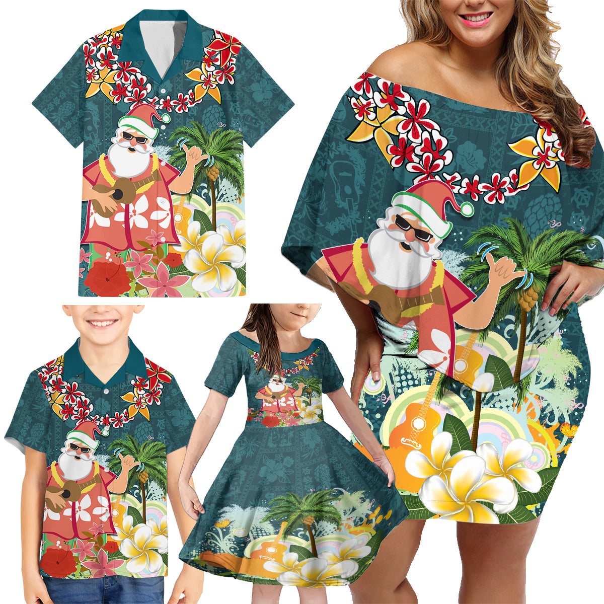 Hawaii Honu Mele Kalikimaka Family Matching Off Shoulder Short Dress and Hawaiian Shirt Santa Tropical Flower Aloha Summer Turquoise Version LT03 - Polynesian Pride