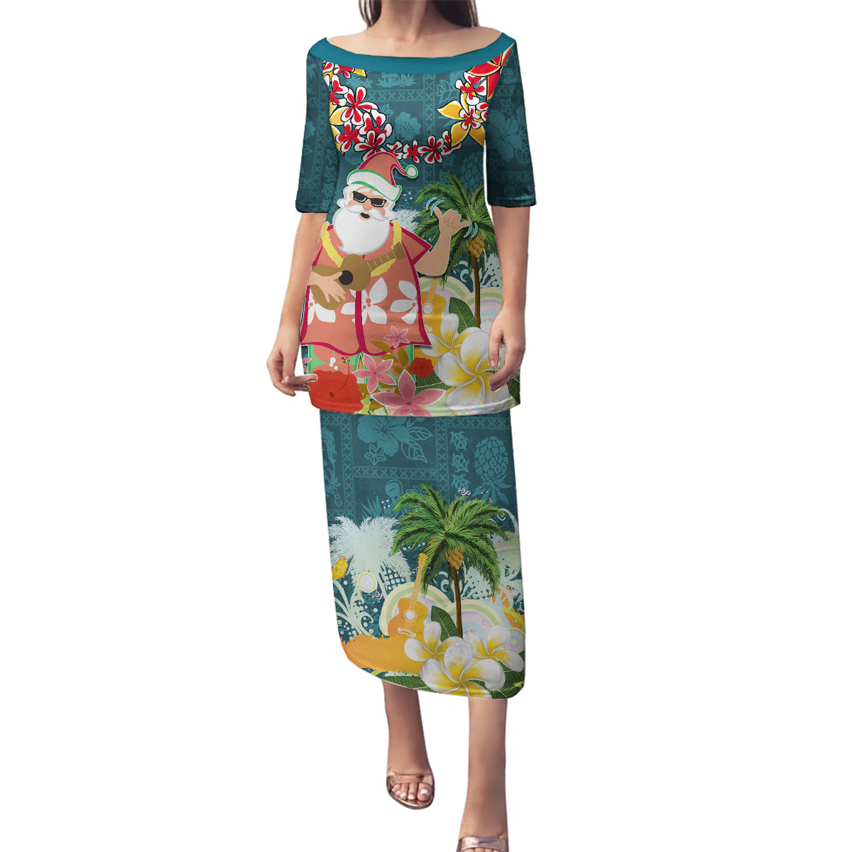 Hawaii Honu Mele Kalikimaka Family Matching Puletasi Dress and Hawaiian Shirt Santa Tropical Flower Aloha Summer Turquoise Version LT03 Mom's Dress Turquoise - Polynesian Pride