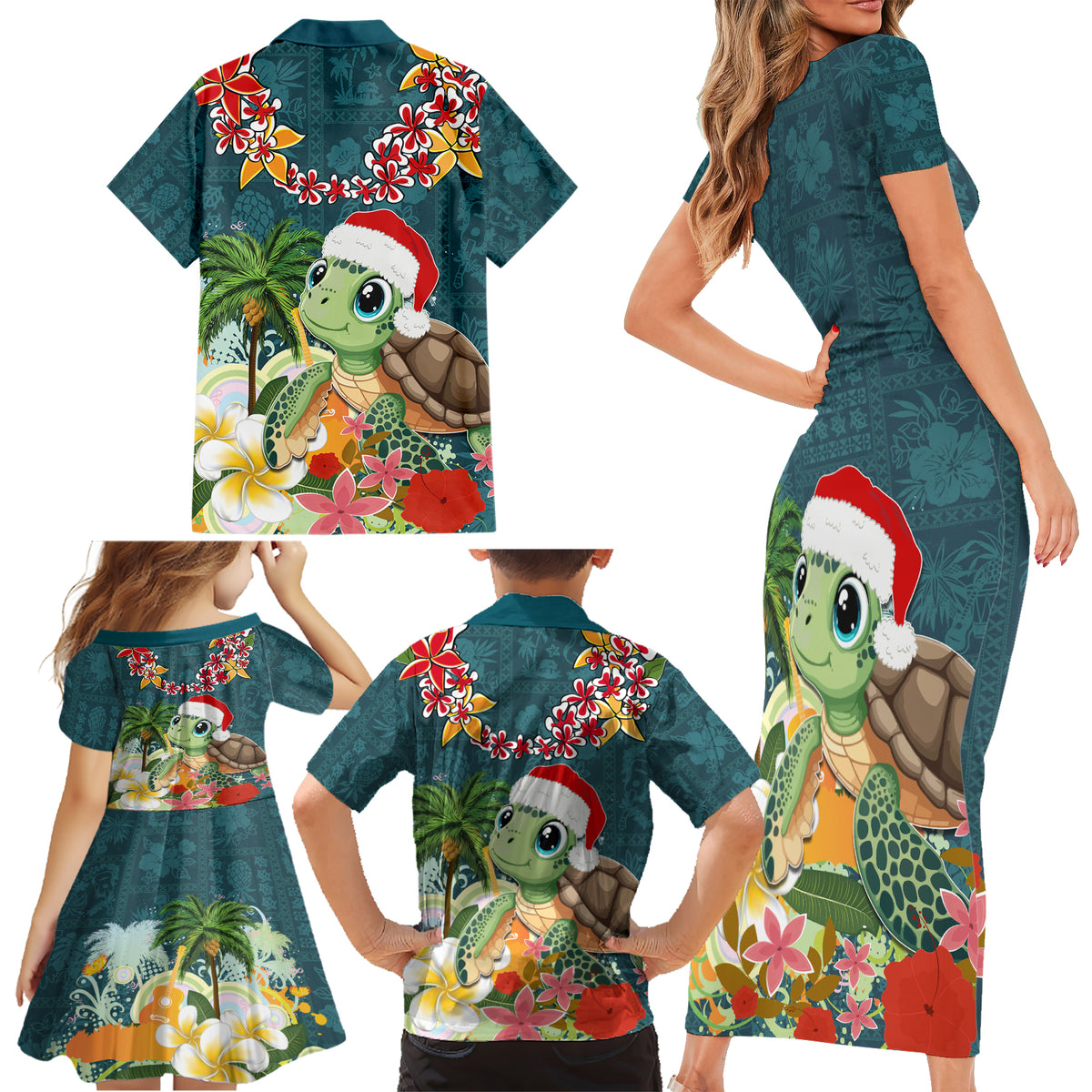 Hawaii Honu Mele Kalikimaka Family Matching Short Sleeve Bodycon Dress and Hawaiian Shirt Santa Tropical Flower Aloha Summer Turquoise Version LT03 - Polynesian Pride