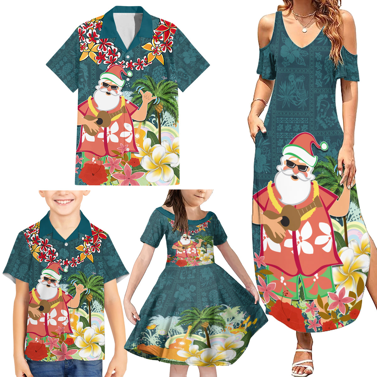 Hawaii Honu Mele Kalikimaka Family Matching Summer Maxi Dress and Hawaiian Shirt Santa Tropical Flower Aloha Summer Turquoise Version LT03 - Polynesian Pride