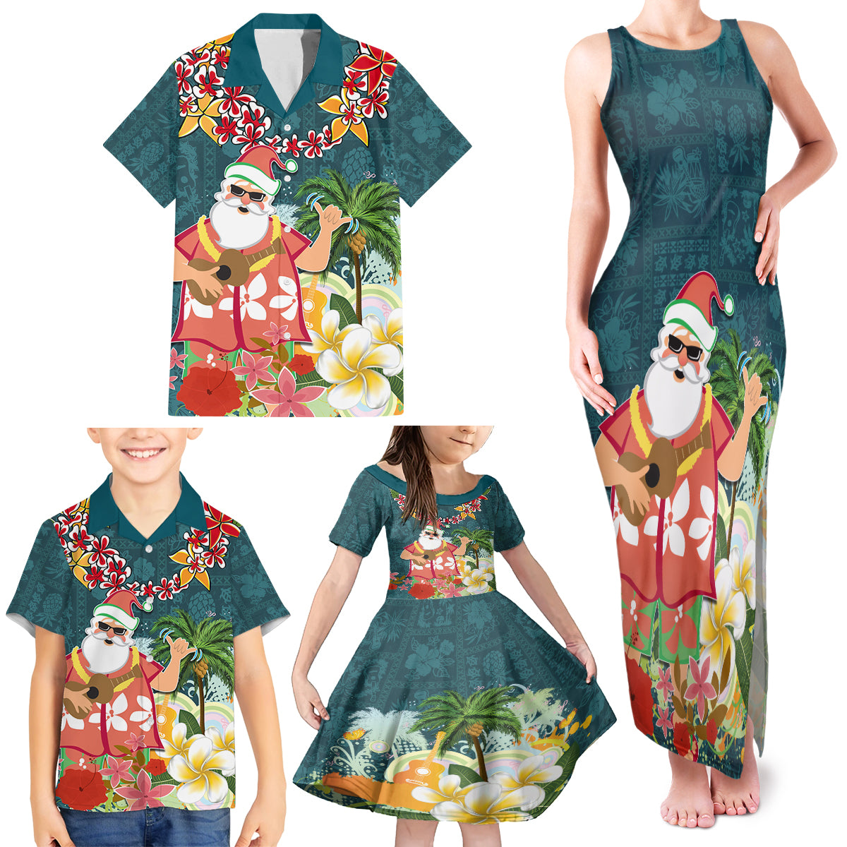 Hawaii Honu Mele Kalikimaka Family Matching Tank Maxi Dress and Hawaiian Shirt Santa Tropical Flower Aloha Summer Turquoise Version LT03 - Polynesian Pride