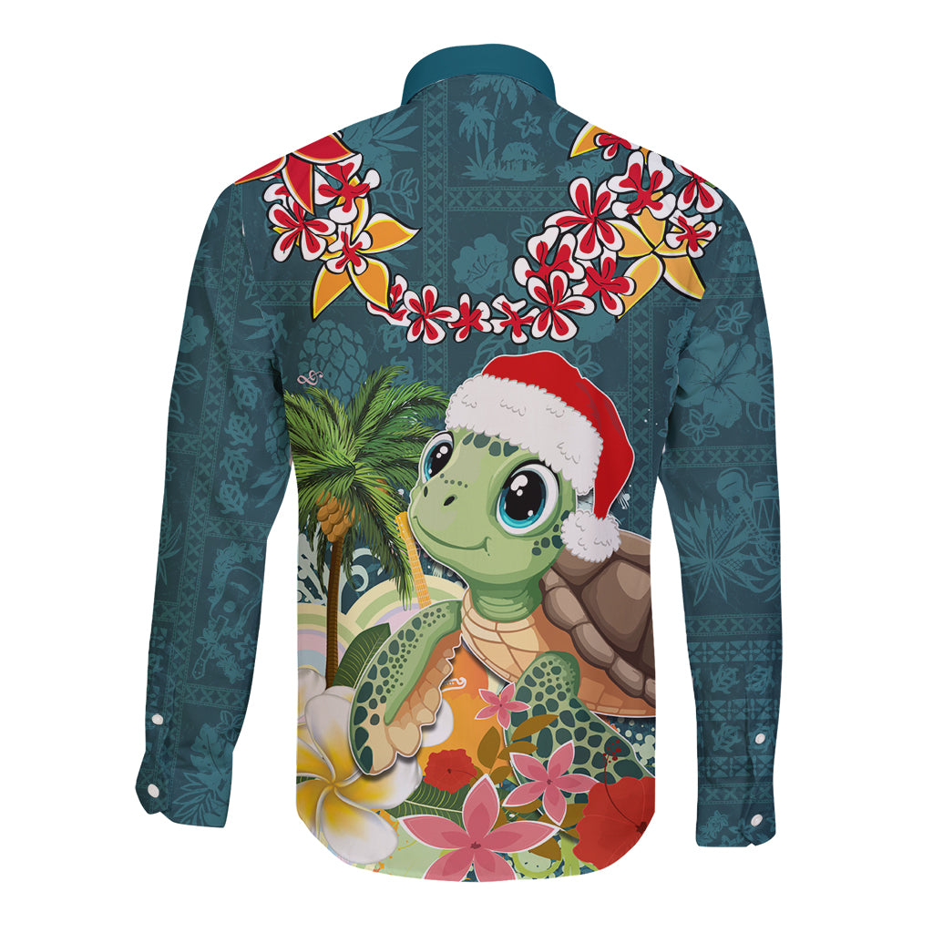 Hawaii Honu Mele Kalikimaka Long Sleeve Button Shirt Santa Tropical Flower Aloha Summer Turquoise Version LT03 - Polynesian Pride