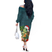 Hawaii Honu Mele Kalikimaka Off The Shoulder Long Sleeve Dress Santa Tropical Flower Aloha Summer Turquoise Version LT03 - Polynesian Pride