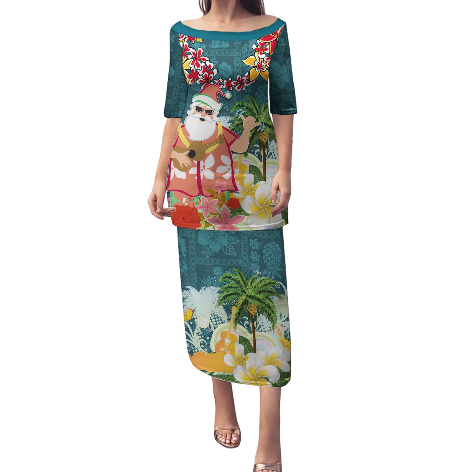 Hawaii Honu Mele Kalikimaka Puletasi Santa Tropical Flower Aloha Summer Turquoise Version LT03 Long Dress Turquoise - Polynesian Pride