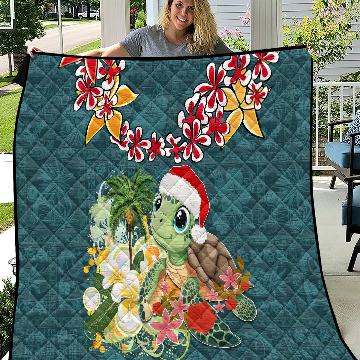 Hawaii Honu Mele Kalikimaka Quilt Santa Tropical Flower Aloha Summer Turquoise Version LT03 Turquoise - Polynesian Pride