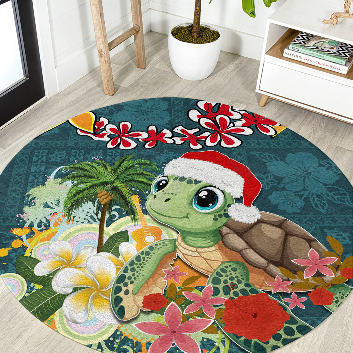 Hawaii Honu Mele Kalikimaka Round Carpet Santa Tropical Flower Aloha Summer Turquoise Version LT03 Turquoise - Polynesian Pride