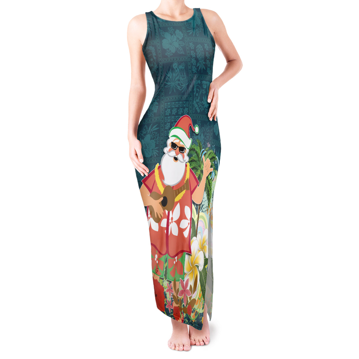 Hawaii Honu Mele Kalikimaka Tank Maxi Dress Santa Tropical Flower Aloha Summer Turquoise Version LT03 Women Turquoise - Polynesian Pride