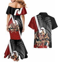 New Zealand Te Matatini Couples Matching Mermaid Dress and Hawaiian Shirt Kapa Haka and Silver Fern - Maori Art Pattern