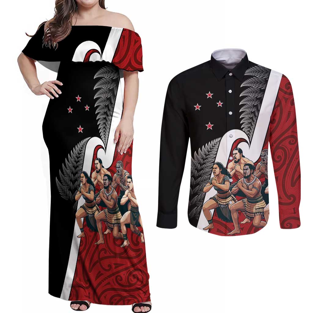 New Zealand Te Matatini Couples Matching Off Shoulder Maxi Dress and Long Sleeve Button Shirt Kapa Haka and Silver Fern - Maori Art Pattern LT03 Black - Polynesian Pride
