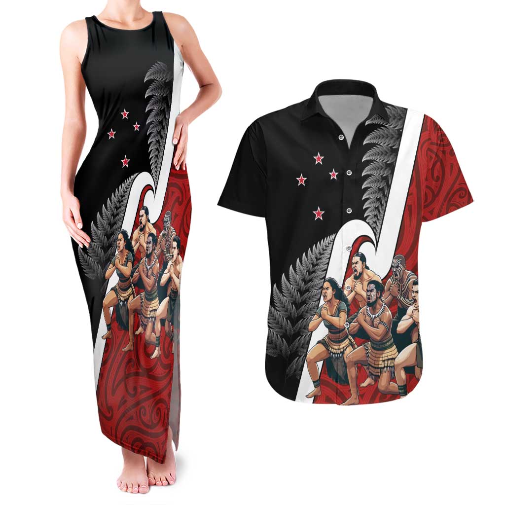 New Zealand Te Matatini Couples Matching Tank Maxi Dress and Hawaiian Shirt Kapa Haka and Silver Fern - Maori Art Pattern LT03 Black - Polynesian Pride
