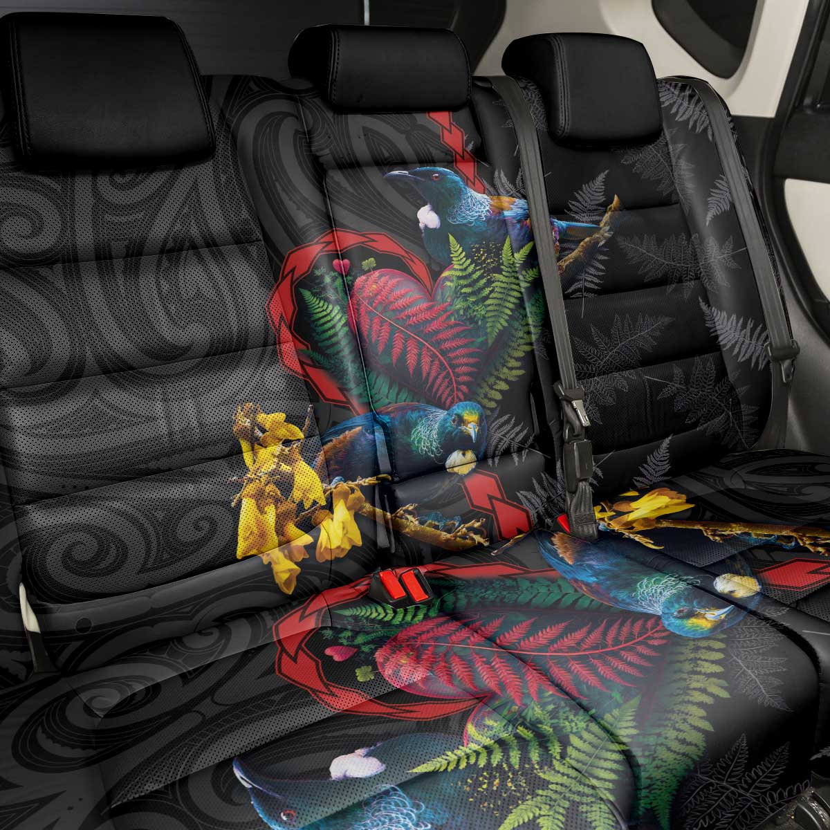 New Zealand Tui Birds Love Couple Back Car Seat Cover The Heart of Silver Fern Leaves and Maori Tattoo Pattern