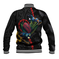 New Zealand Tui Birds Love Couple Baseball Jacket The Heart of Silver Fern Leaves and Maori Tattoo Pattern