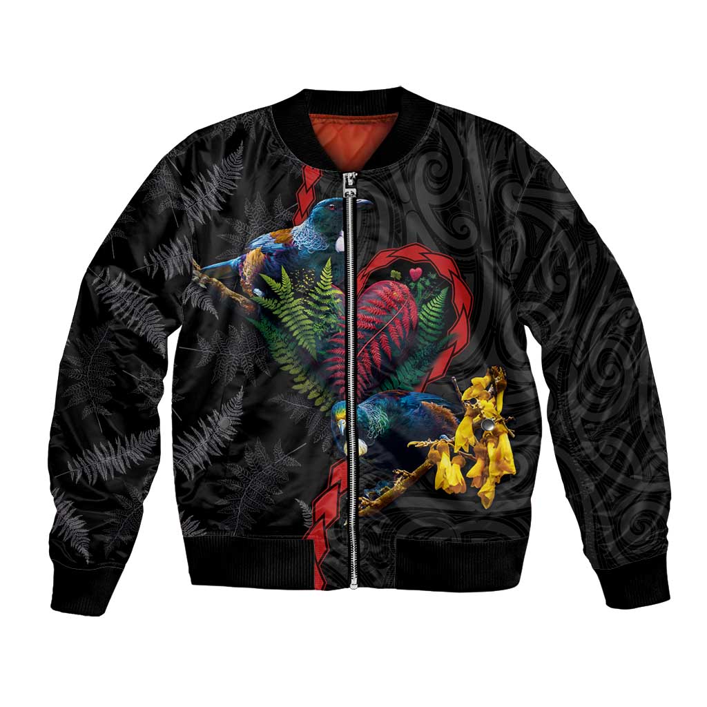 New Zealand Tui Birds Love Couple Bomber Jacket The Heart of Silver Fern Leaves and Maori Tattoo Pattern