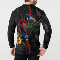 New Zealand Tui Birds Love Couple Button Sweatshirt The Heart of Silver Fern Leaves and Maori Tattoo Pattern