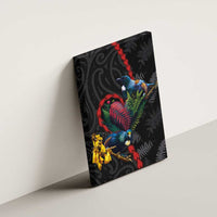 New Zealand Tui Birds Love Couple Canvas Wall Art The Heart of Silver Fern Leaves and Maori Tattoo Pattern
