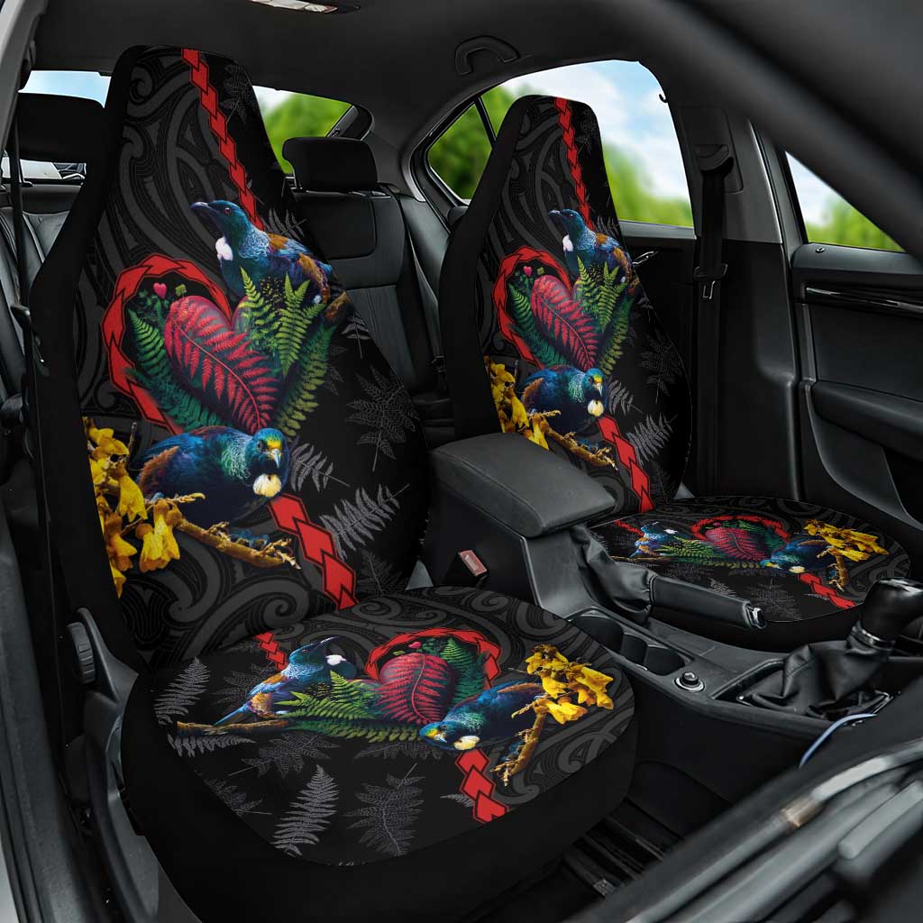 New Zealand Tui Birds Love Couple Car Seat Cover The Heart of Silver Fern Leaves and Maori Tattoo Pattern
