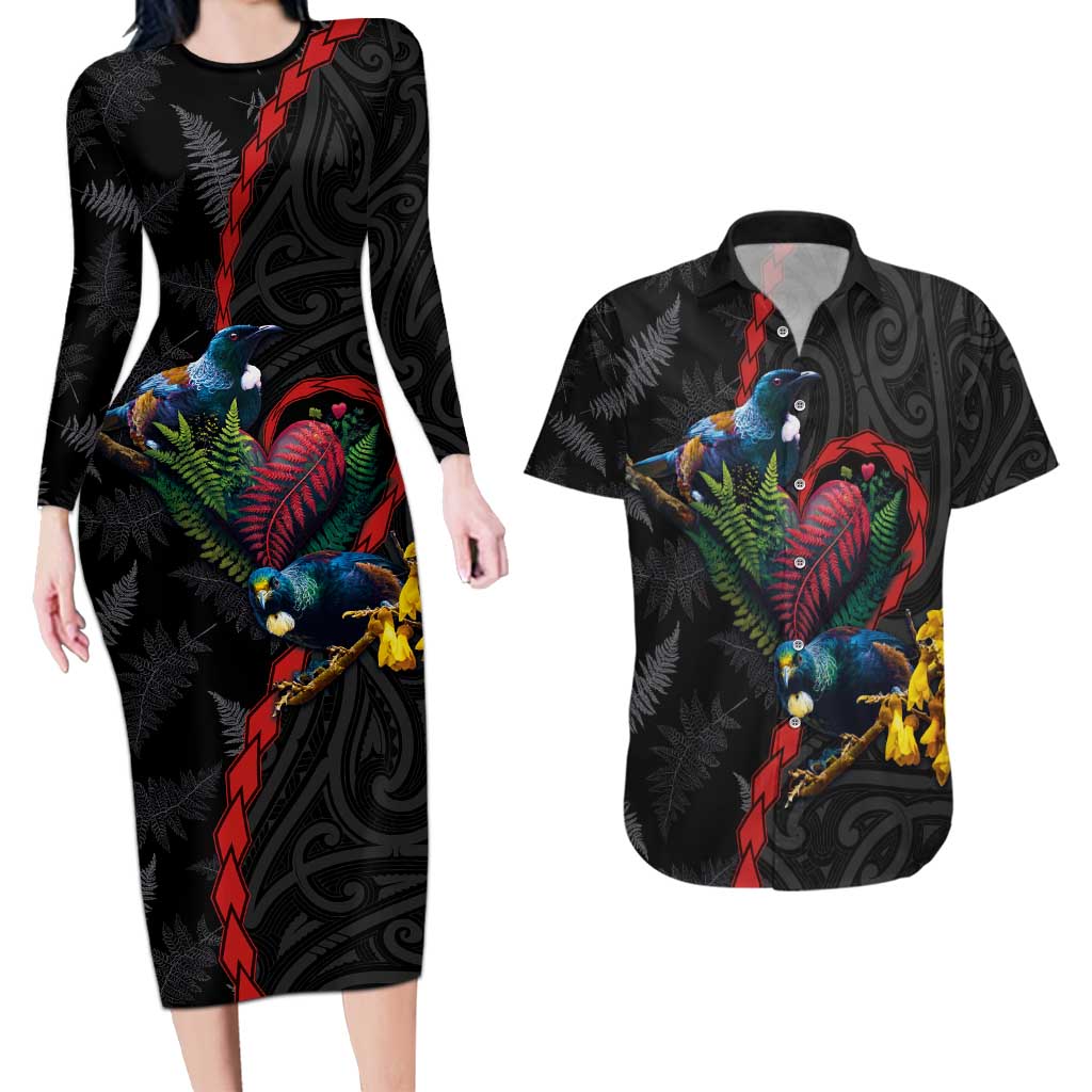 New Zealand Tui Birds Love Couple Couples Matching Long Sleeve Bodycon Dress and Hawaiian Shirt The Heart of Silver Fern Leaves and Maori Tattoo Pattern