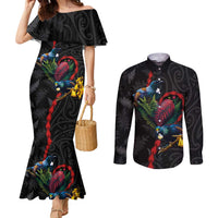 New Zealand Tui Birds Love Couple Couples Matching Mermaid Dress and Long Sleeve Button Shirt The Heart of Silver Fern Leaves and Maori Tattoo Pattern