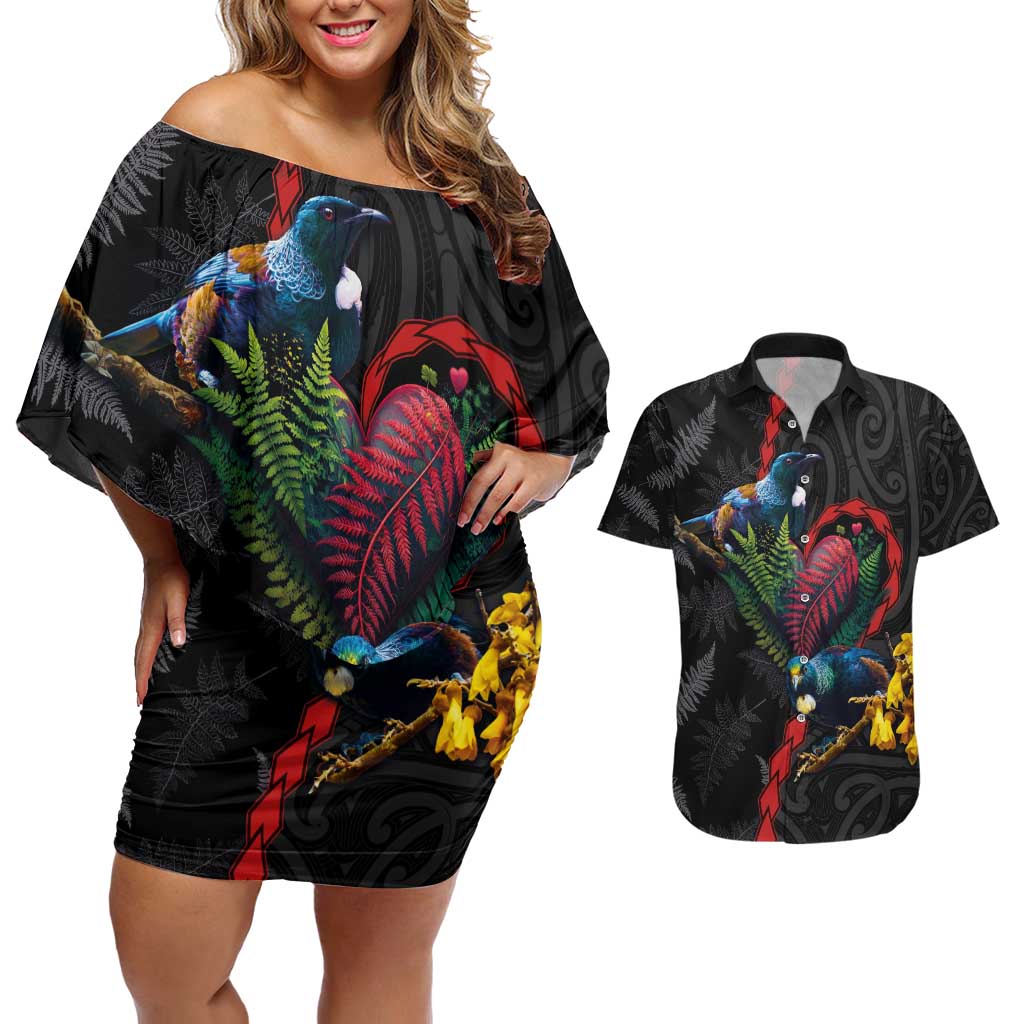 New Zealand Tui Birds Love Couple Couples Matching Off Shoulder Short Dress and Hawaiian Shirt The Heart of Silver Fern Leaves and Maori Tattoo Pattern LT03 Black - Polynesian Pride