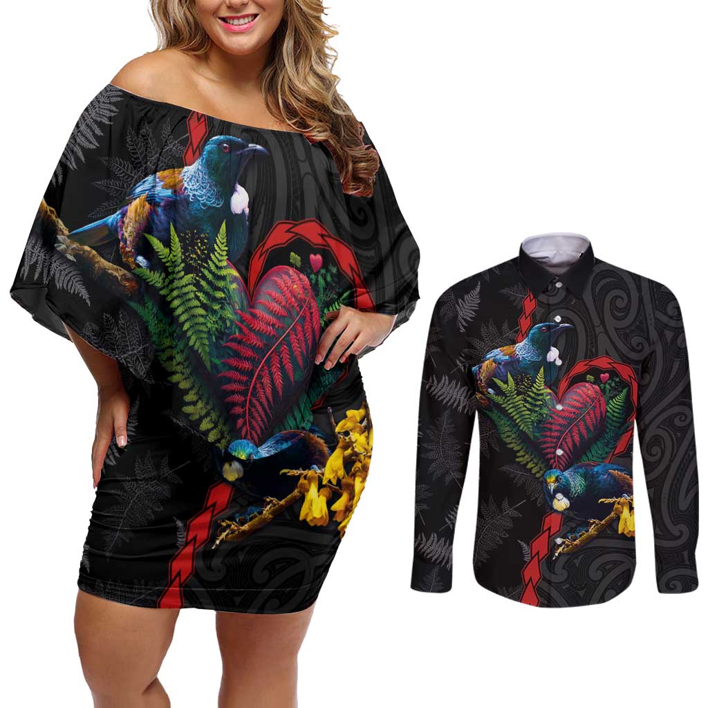 New Zealand Tui Birds Love Couple Couples Matching Off Shoulder Short Dress and Long Sleeve Button Shirt The Heart of Silver Fern Leaves and Maori Tattoo Pattern