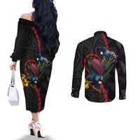 New Zealand Tui Birds Love Couple Couples Matching Off The Shoulder Long Sleeve Dress and Long Sleeve Button Shirt The Heart of Silver Fern Leaves and Maori Tattoo Pattern