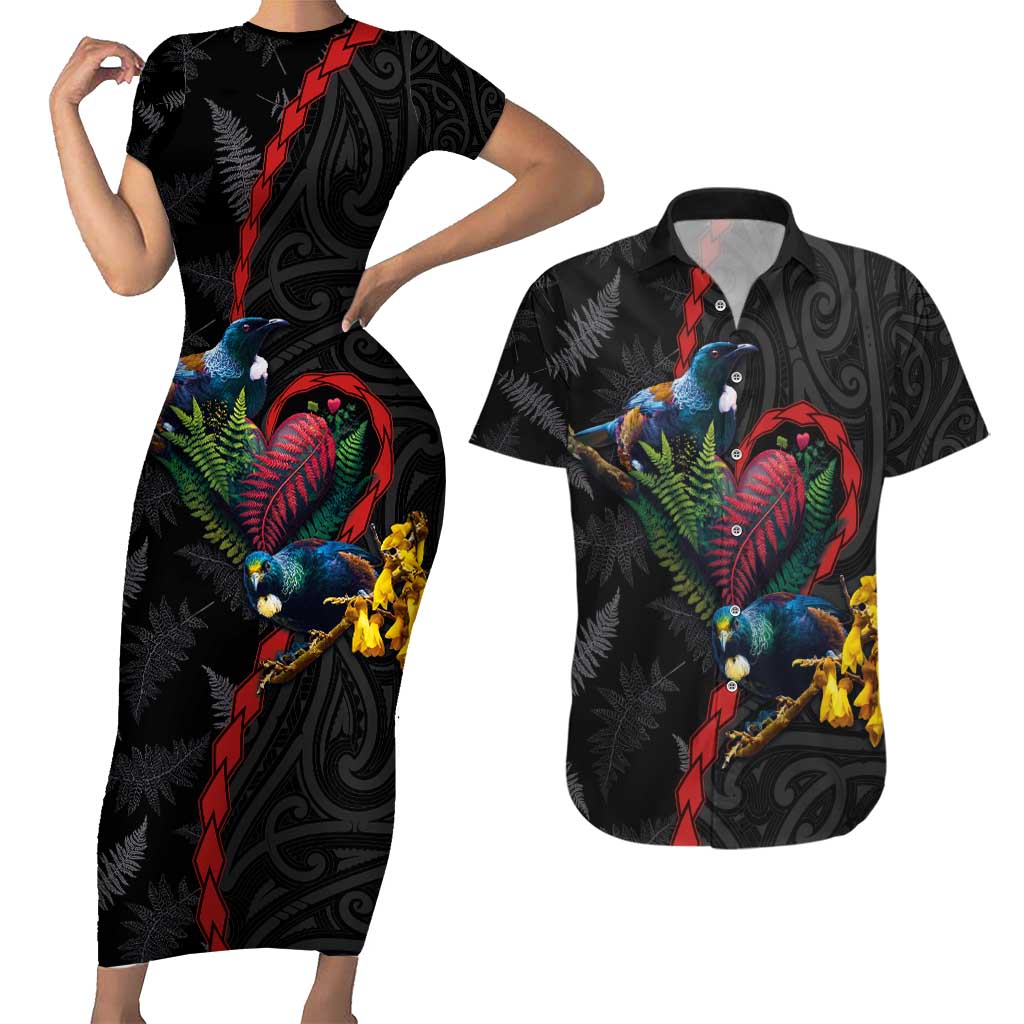 New Zealand Tui Birds Love Couple Couples Matching Short Sleeve Bodycon Dress and Hawaiian Shirt The Heart of Silver Fern Leaves and Maori Tattoo Pattern