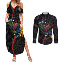 New Zealand Tui Birds Love Couple Couples Matching Summer Maxi Dress and Long Sleeve Button Shirt The Heart of Silver Fern Leaves and Maori Tattoo Pattern