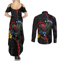 New Zealand Tui Birds Love Couple Couples Matching Summer Maxi Dress and Long Sleeve Button Shirt The Heart of Silver Fern Leaves and Maori Tattoo Pattern