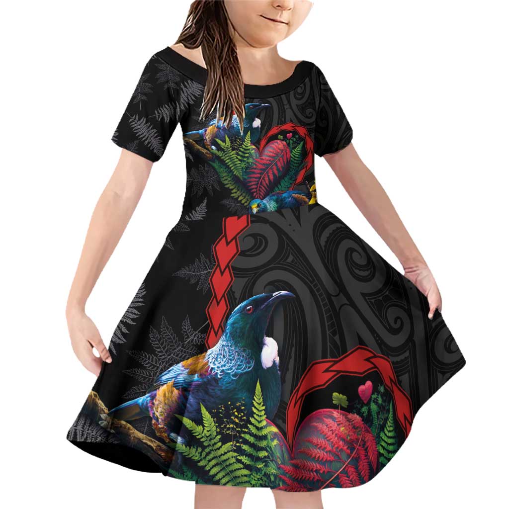 New Zealand Tui Birds Love Couple Family Matching Off Shoulder Short Dress and Hawaiian Shirt The Heart of Silver Fern Leaves and Maori Tattoo Pattern