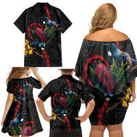 New Zealand Tui Birds Love Couple Family Matching Off Shoulder Short Dress and Hawaiian Shirt The Heart of Silver Fern Leaves and Maori Tattoo Pattern