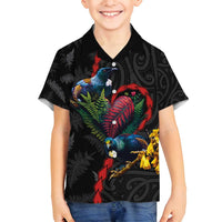 New Zealand Tui Birds Love Couple Family Matching Off Shoulder Short Dress and Hawaiian Shirt The Heart of Silver Fern Leaves and Maori Tattoo Pattern