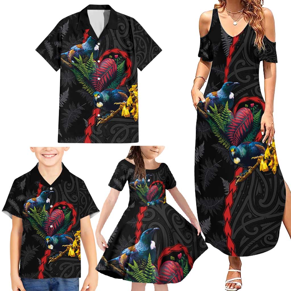 New Zealand Tui Birds Love Couple Family Matching Summer Maxi Dress and Hawaiian Shirt The Heart of Silver Fern Leaves and Maori Tattoo Pattern