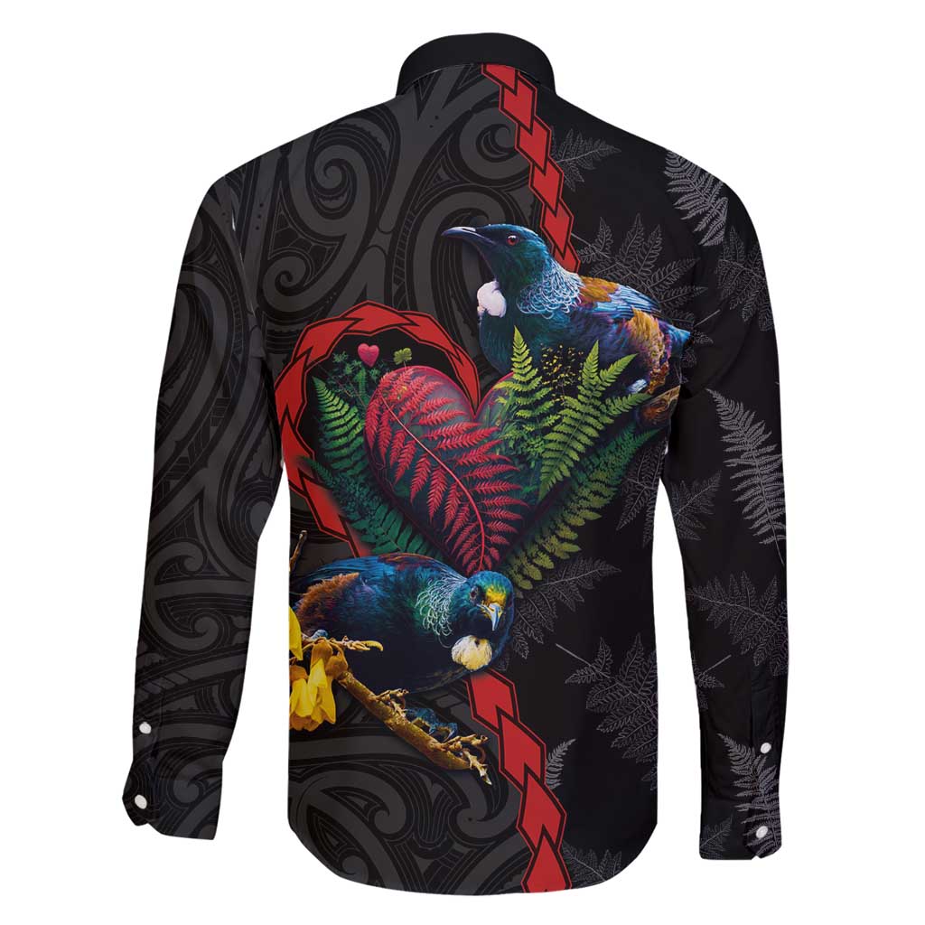 New Zealand Tui Birds Love Couple Family Matching Tank Maxi Dress and Hawaiian Shirt The Heart of Silver Fern Leaves and Maori Tattoo Pattern