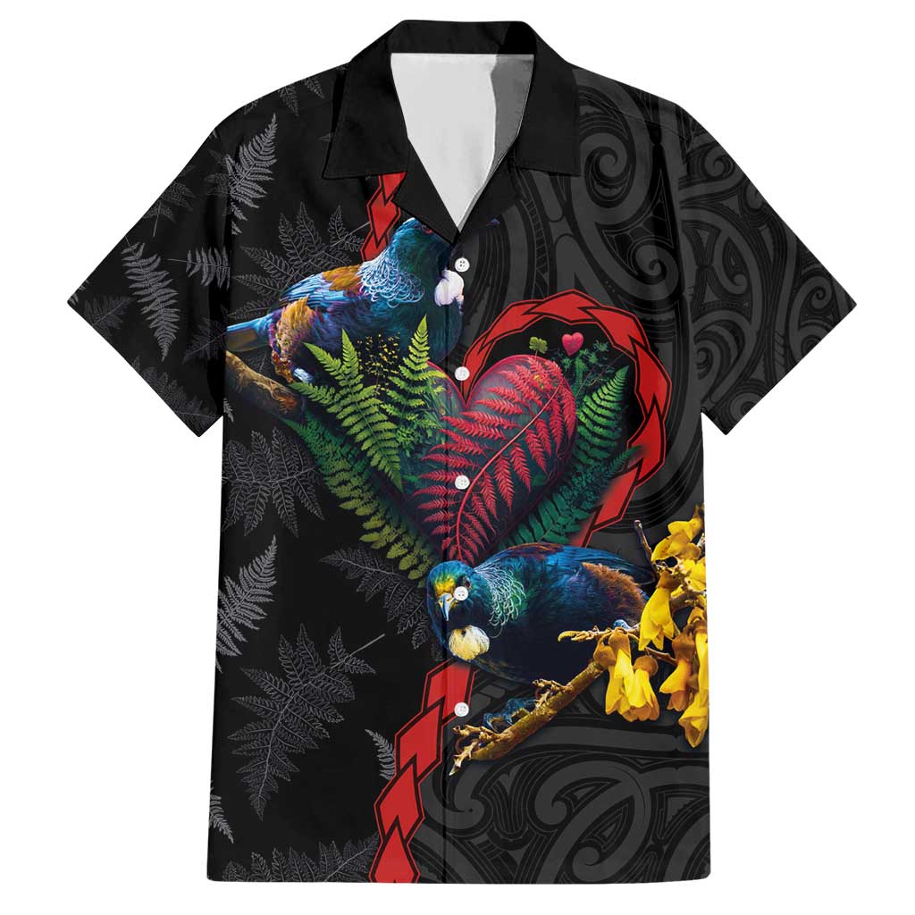 New Zealand Tui Birds Love Couple Hawaiian Shirt The Heart of Silver Fern Leaves and Maori Tattoo Pattern LT03 Black - Polynesian Pride