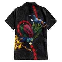 New Zealand Tui Birds Love Couple Hawaiian Shirt The Heart of Silver Fern Leaves and Maori Tattoo Pattern