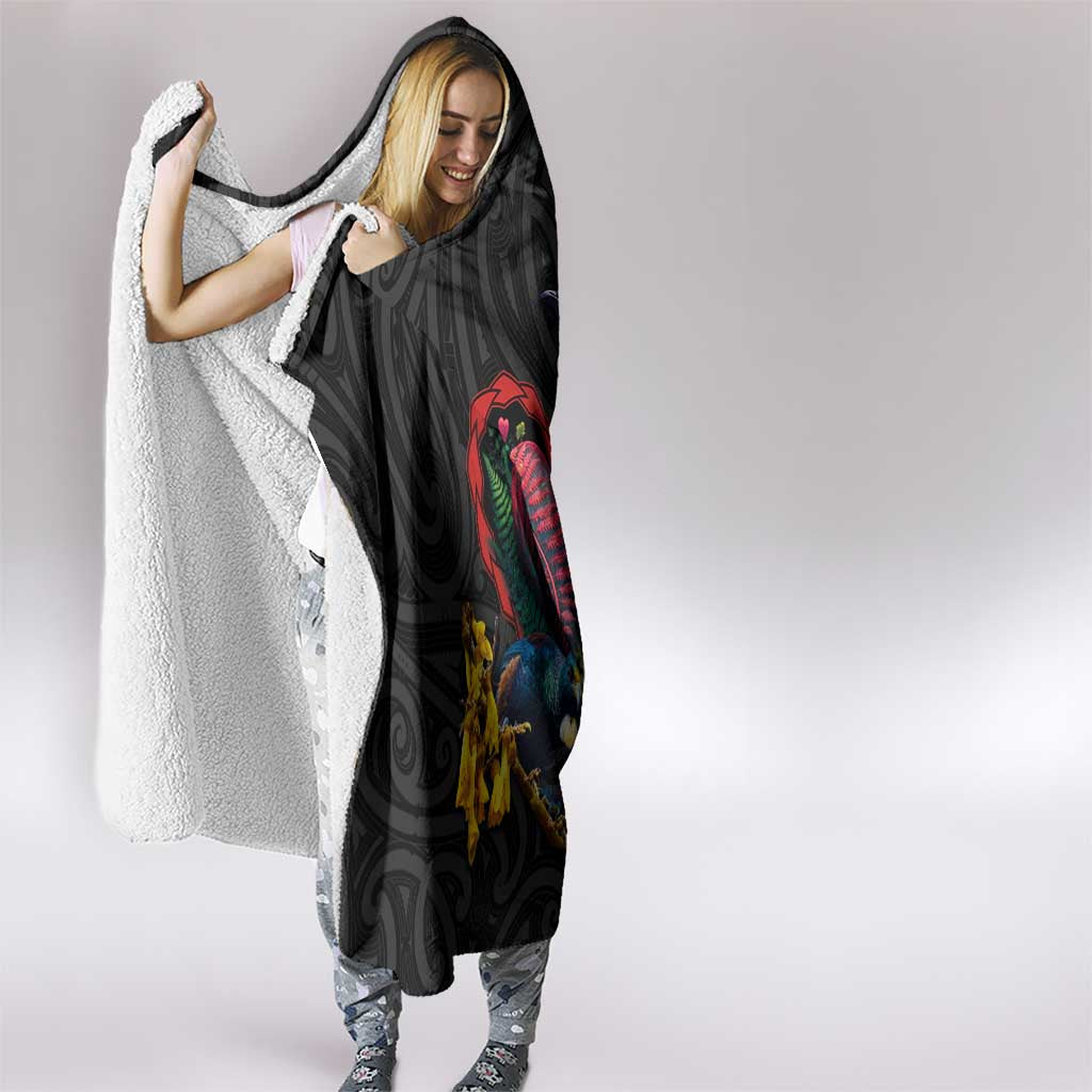 New Zealand Tui Birds Love Couple Hooded Blanket The Heart of Silver Fern Leaves and Maori Tattoo Pattern