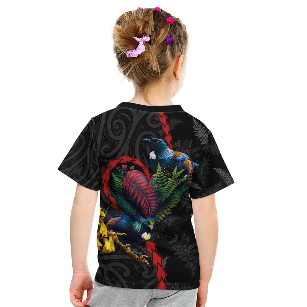 New Zealand Tui Birds Love Couple Kid T Shirt The Heart of Silver Fern Leaves and Maori Tattoo Pattern