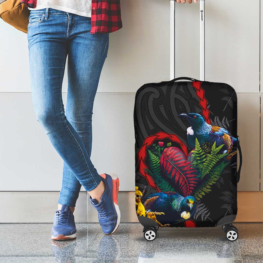New Zealand Tui Birds Love Couple Luggage Cover The Heart of Silver Fern Leaves and Maori Tattoo Pattern