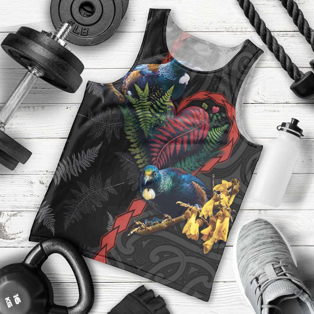 New Zealand Tui Birds Love Couple Men Tank Top The Heart of Silver Fern Leaves and Maori Tattoo Pattern