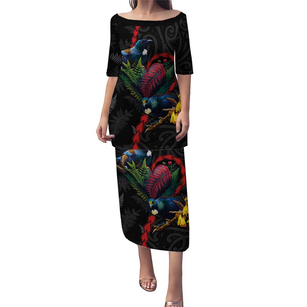 New Zealand Tui Birds Love Couple Puletasi The Heart of Silver Fern Leaves and Maori Tattoo Pattern LT03 Long Dress Black - Polynesian Pride